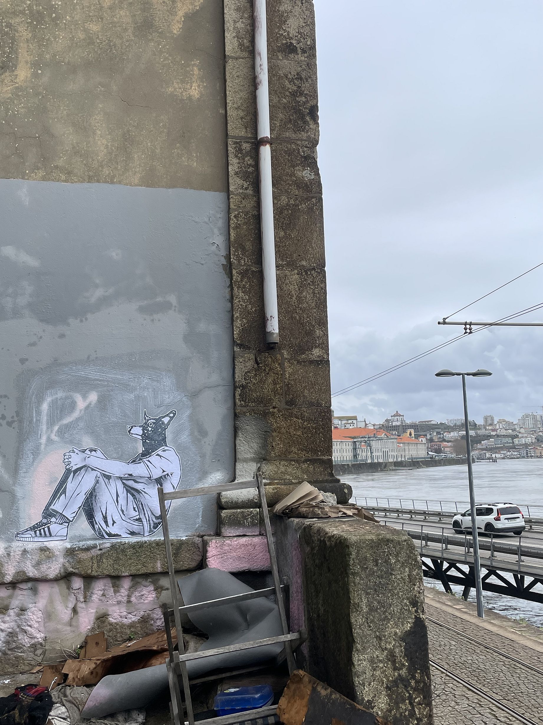 Duża naklejka posaci ludzkiej z głową psa naklejona na ścianę budynku, w tle rzeka, most i miasto