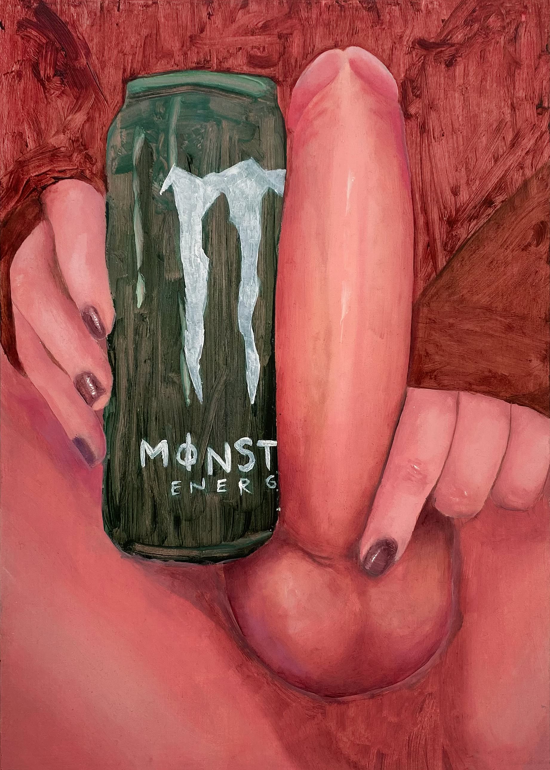 Obraz w różowych barwach, duży penis przy zielonej puszce Monstera